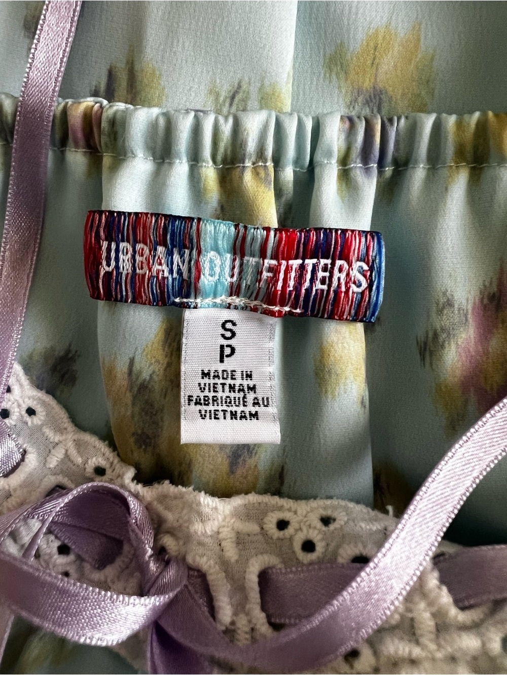 Urban Outfitters Light Blue Floral Satin Slip Dress with Pink Lace Trim - Picture 7 of 8